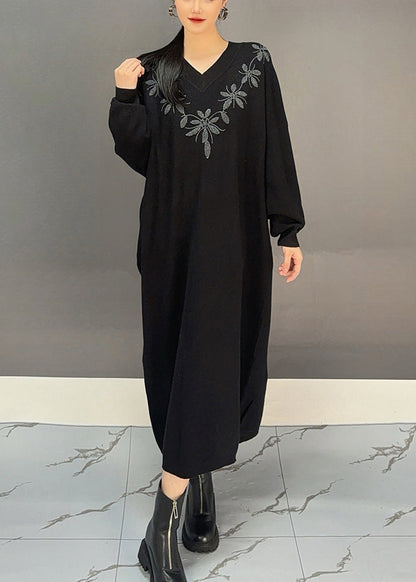 Red V Neck Embroidered Knit Sweater Dress Fall