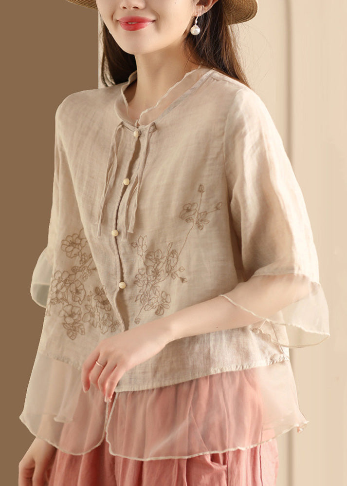 Blue Embroidered Tulle Patchwork Linen Shirt Summer