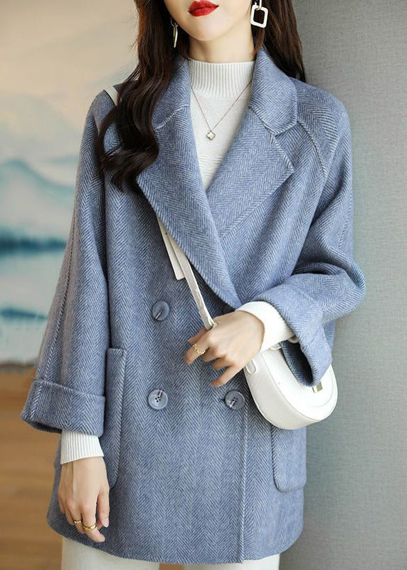 Pink Peter Pan Collar Double Breast Pockets Woolen Coat Winter