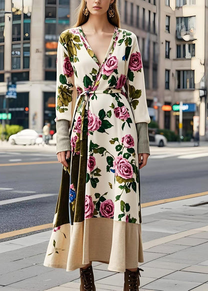 Apricot Tie Waist Silk Velvet Long Dresses Spring