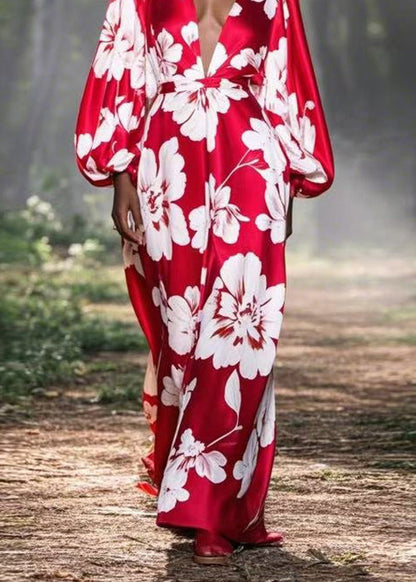 Red V Neck Print Silk Ankle Dress Spring