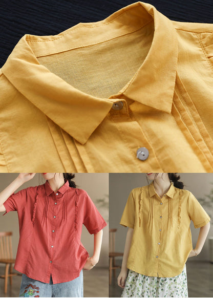 Yellow Peter Pan Collar Ruffled Patchwork Cotton Blouses Summer