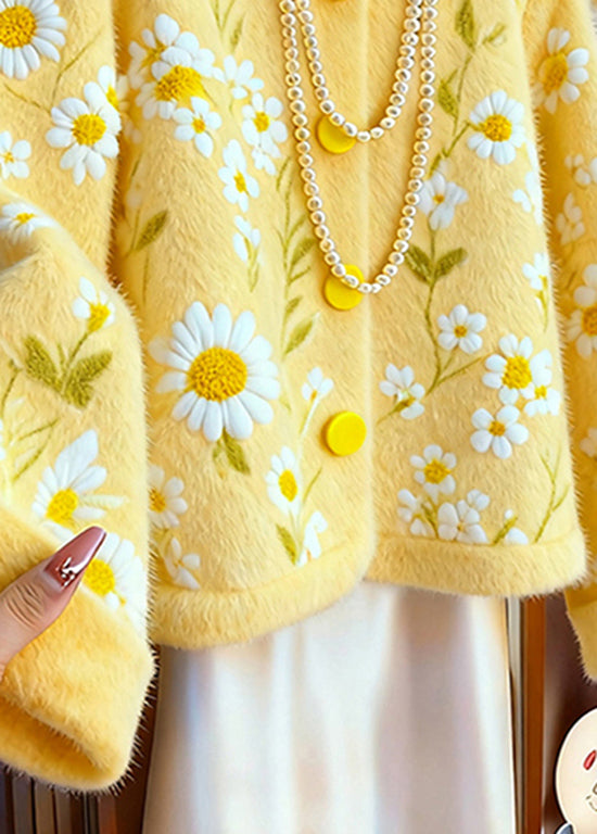 Yellow O Neck Dotted Daisy Knit Cardigans Winter