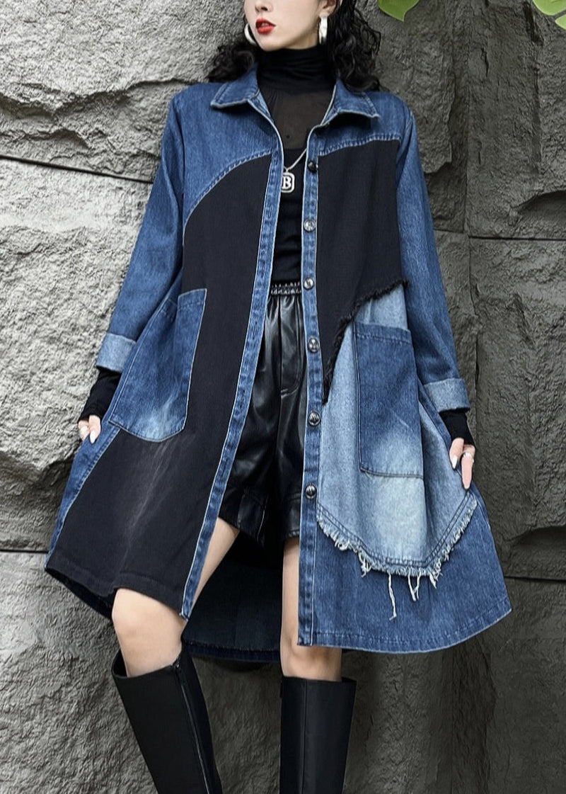 Blue Peter Pan Collar Button Pockets Denim Long Trench Coats Fall