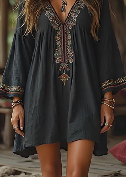 Black V Neck Print Cotton Mid Dresses Summer