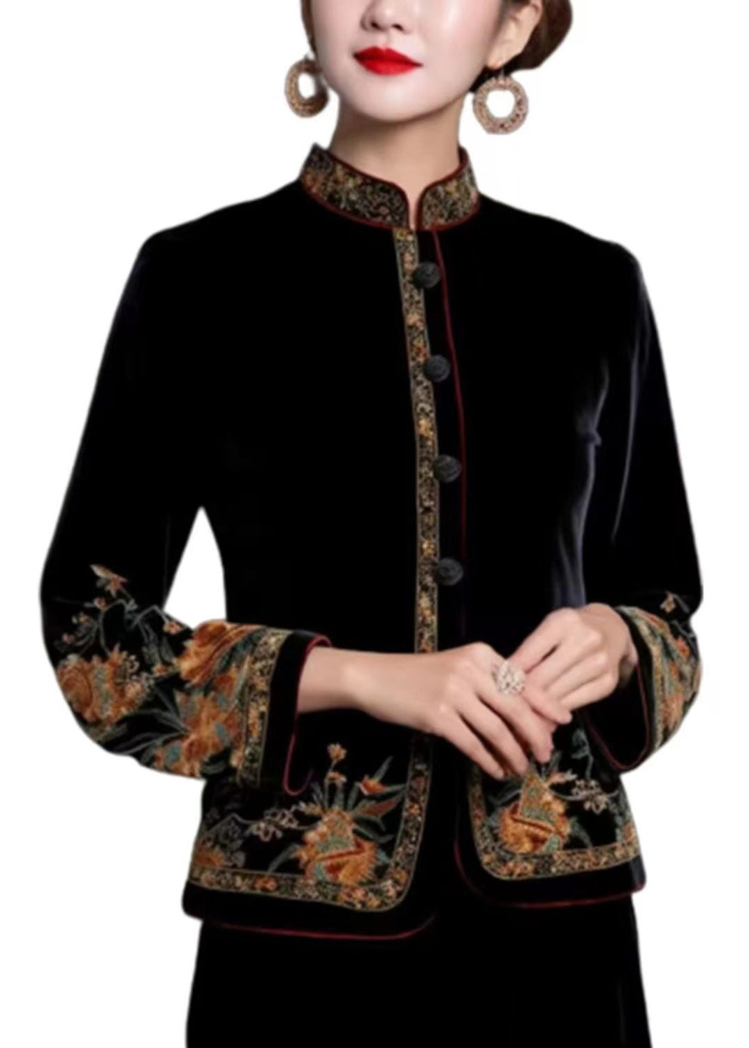 Black Embroidered Button Silk Coats Long Sleeve