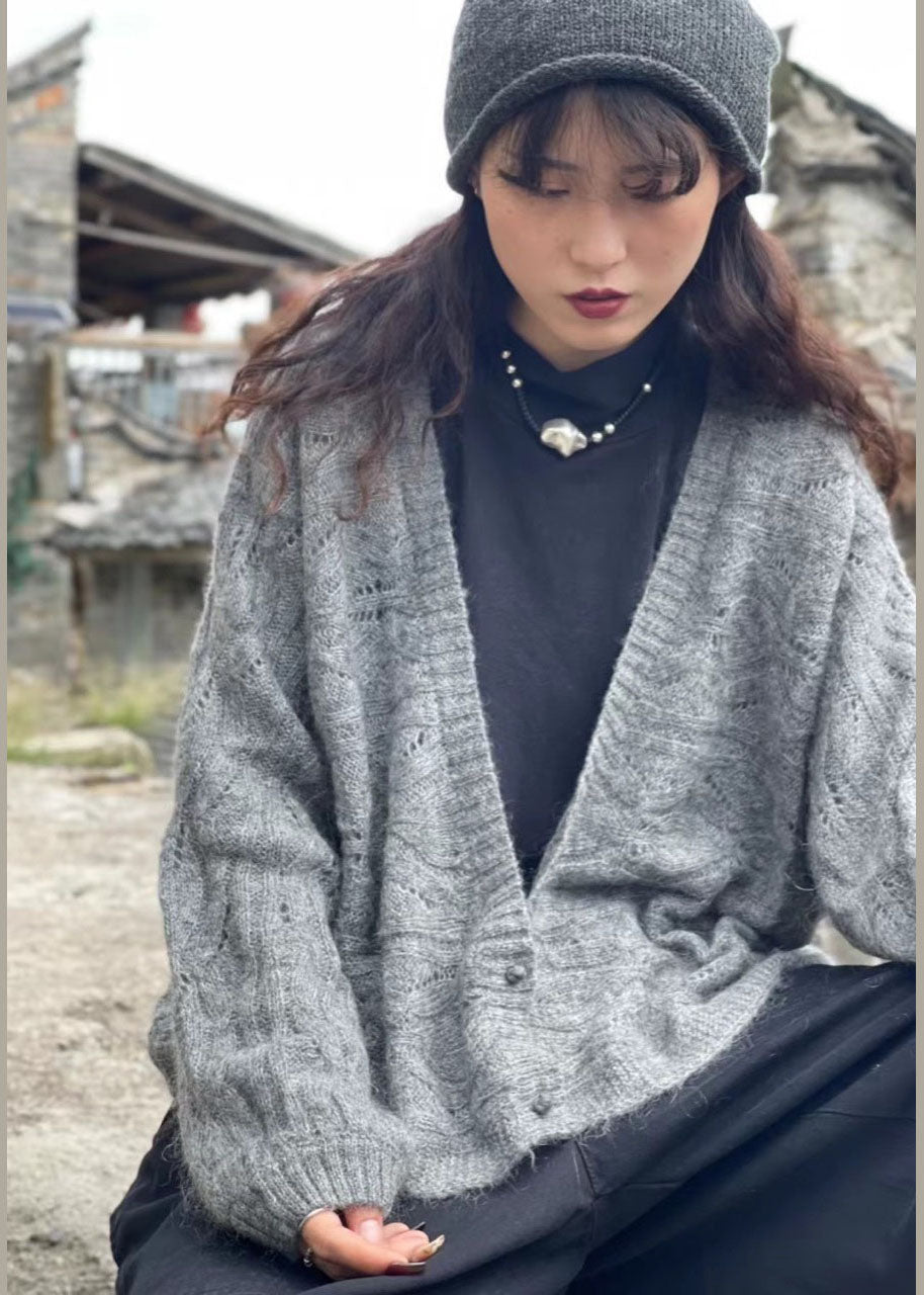 Chocolate Retro V Neck Button Fall Wool Knit Coat