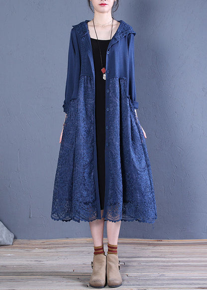 Black Hooded Lace Patchwork Cardigans Spring