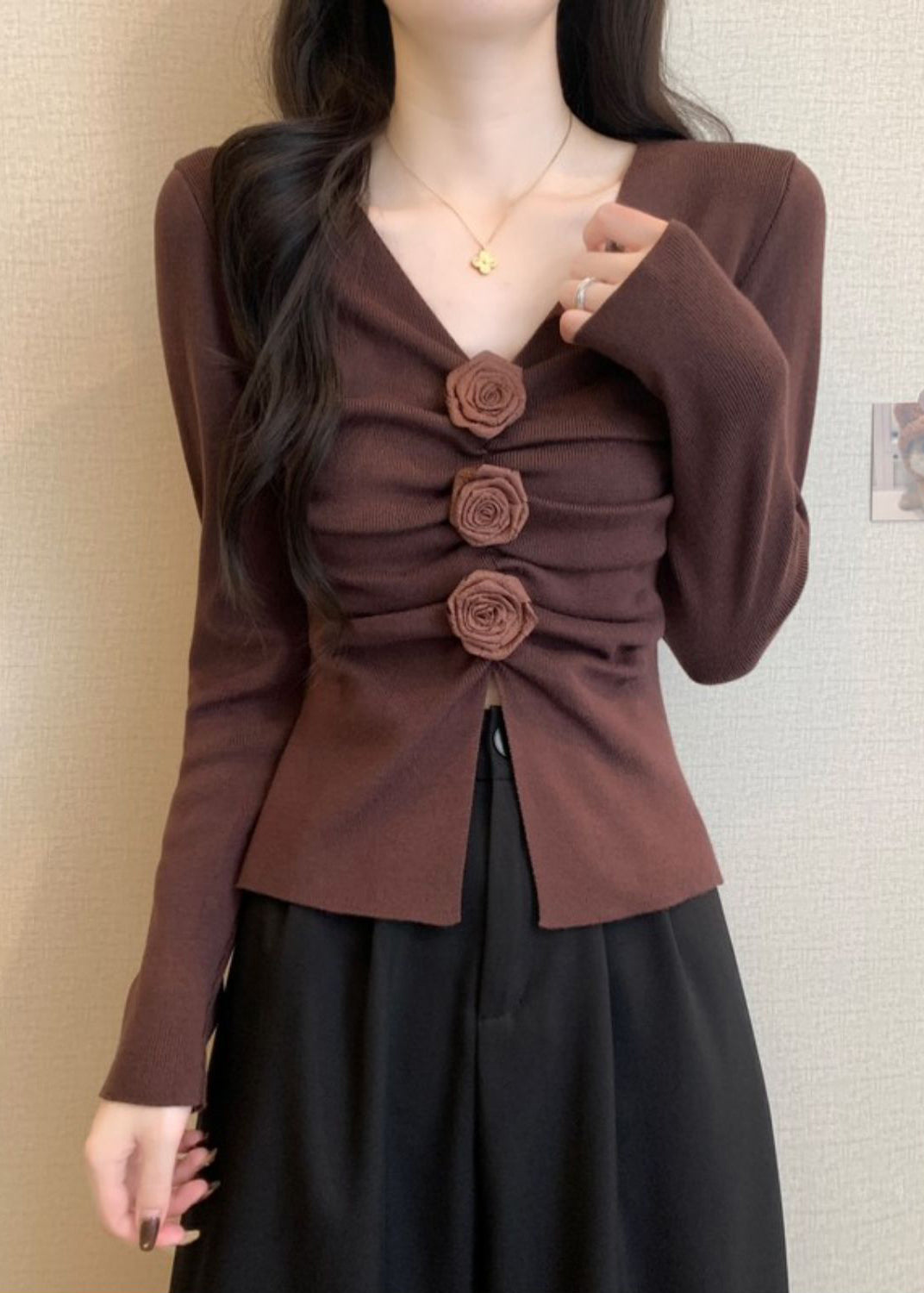 Brown Knit Pullover Side Open Spring