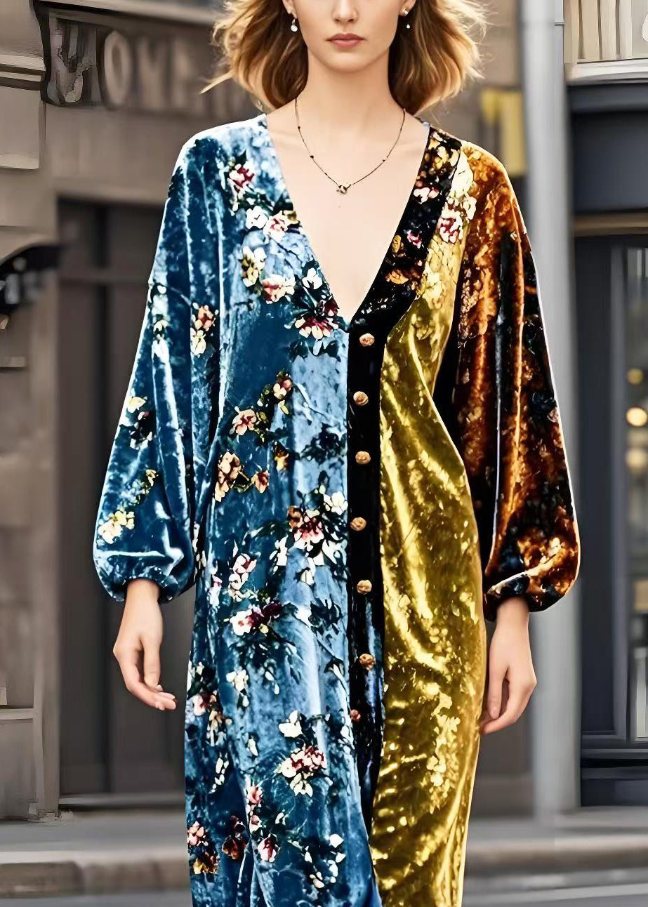 Colorblock V Neck Patchwork Golden Button Silk Velvet Dresses Spring