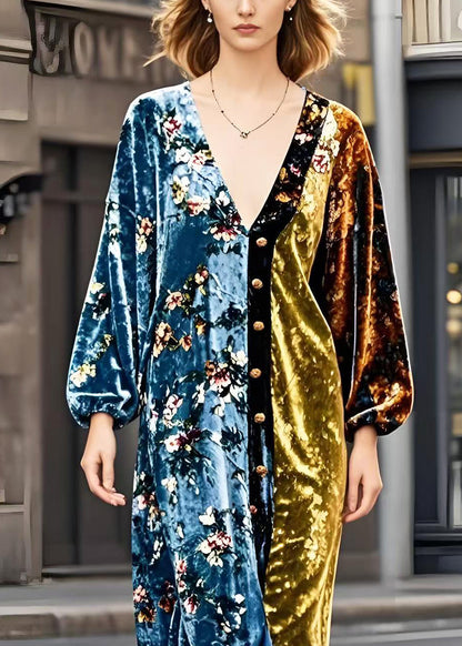 Colorblock V Neck Patchwork Golden Button Silk Velvet Dresses Spring