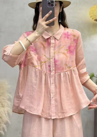 Pink Print Patchwork Linen Shirt Top Half Sleeve