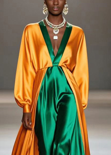Yellow V Neck Patchwork Silk Fake Two Piece Long Dress Fall