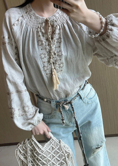 Loose Apricot Embroidered Lace Up Linen Shirt Fall