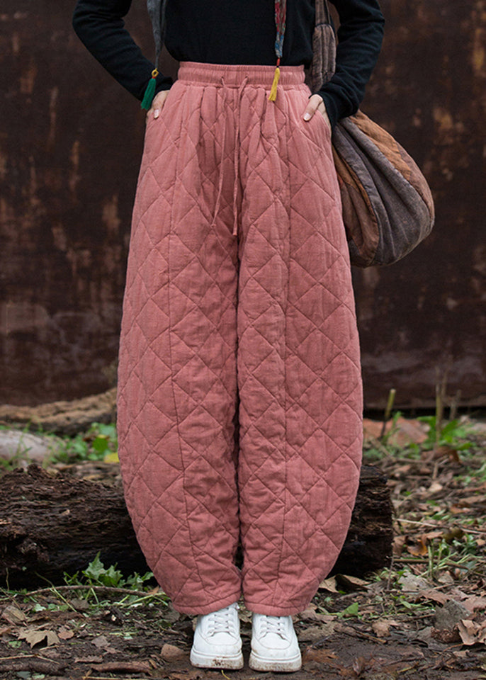 Pink Elastic Waist Thick Cotton Filled Winter Pants Plaid