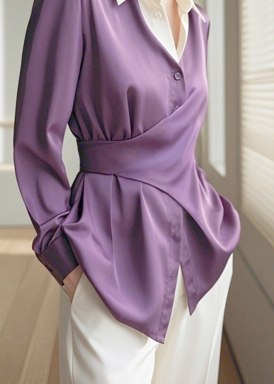 Purple Peter Pan Collar Asymmetrical Design Silk Shirts Spring