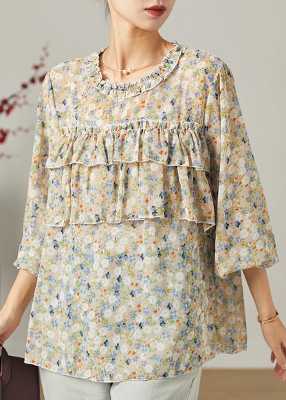 Ruffled Print Chiffon Shirt Tops Summer