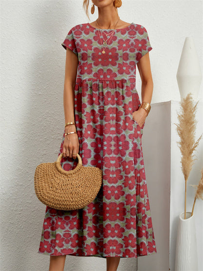 Round Neck Loose Cotton Linen Sleeveless Round Neck Print Dress