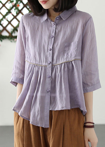 Purple Peter Pan Collar Asymmetrical Patchwork Button Ramie Shirts Half Sleeve