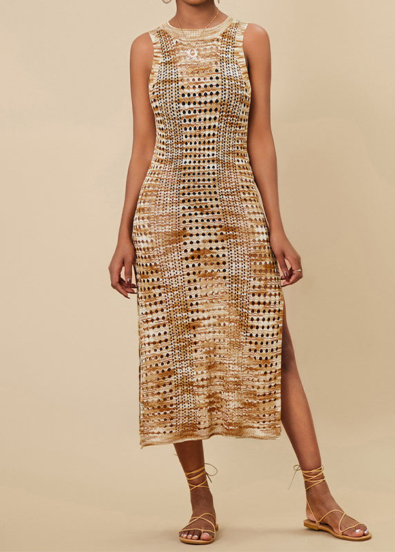 New Apricot O Neck Hollow Out Side Open Knit Dress Sleeveless