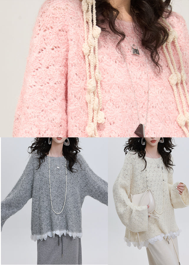 White Oversized Patchwork Knit Short Sweater Winter