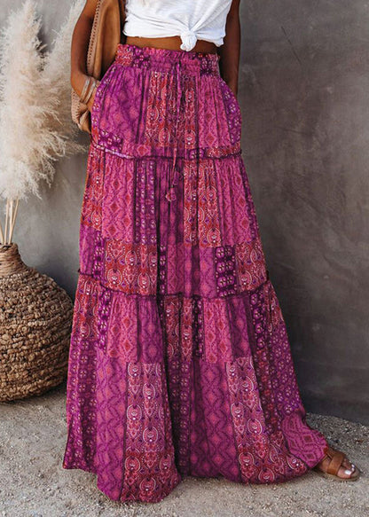 Purple Print Ruffled Patchwork a Line Skirt