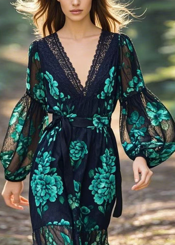 V Neck Print Lace Patchwork Tie Waist Chiffon Dress Spring