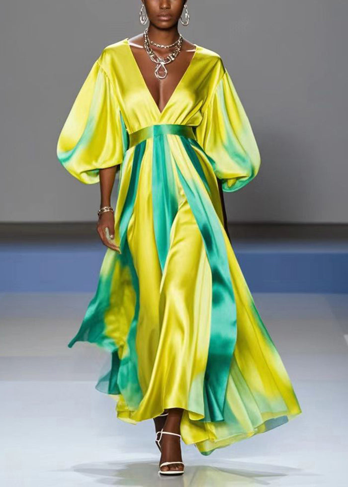 Yellow V Neck Tie Dye Silk Vacation Dresses Lantern Sleeve