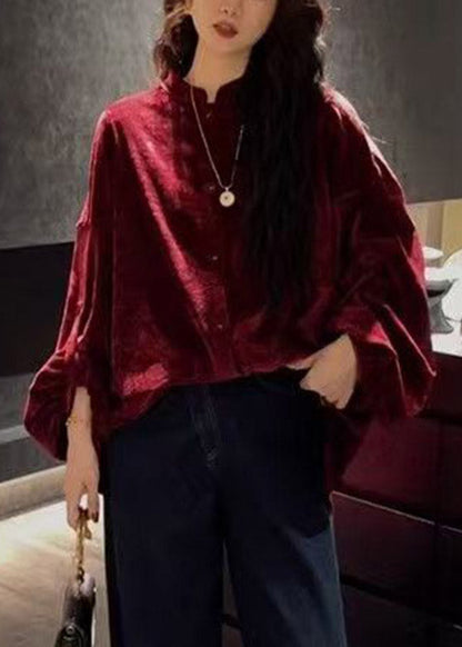 Red Stand Collar Shirt Long Sleeve