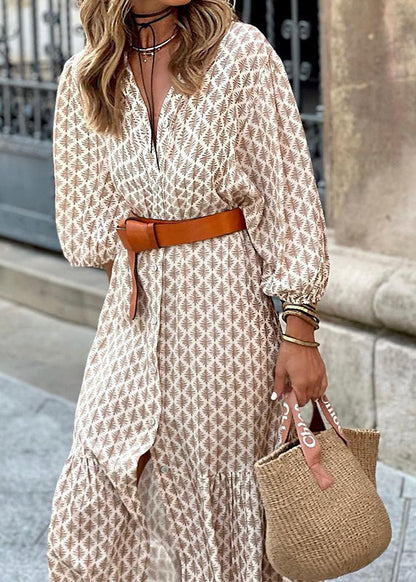 Stylish Khaki V Neck Print Button Cotton Dress Summer