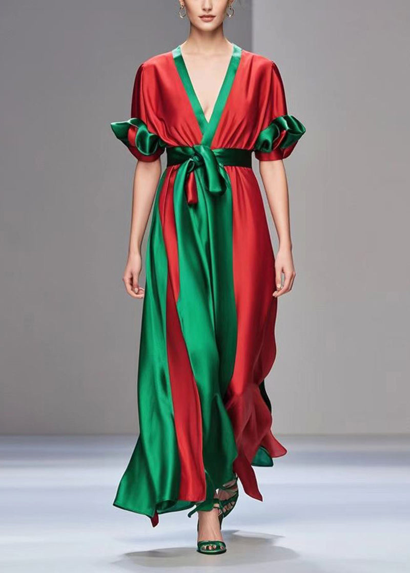 Red Cinched Patchwork Draping Silk Dress Petal Sleeve