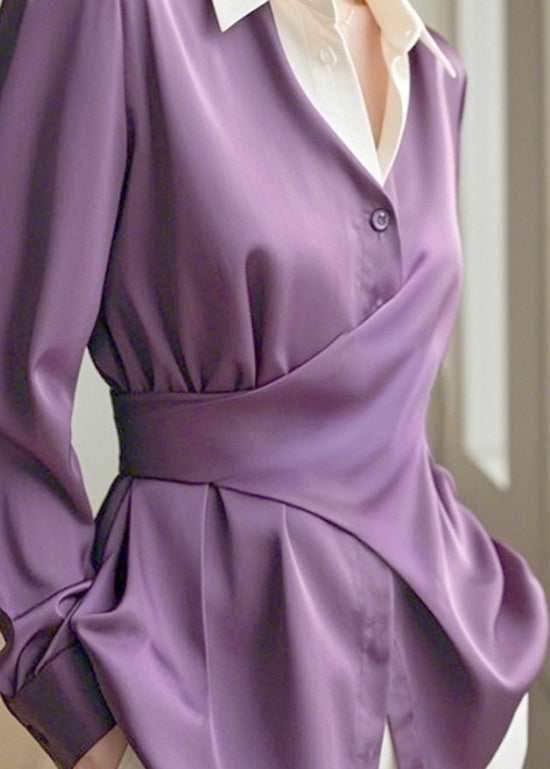 Purple Peter Pan Collar Asymmetrical Design Silk Shirts Spring