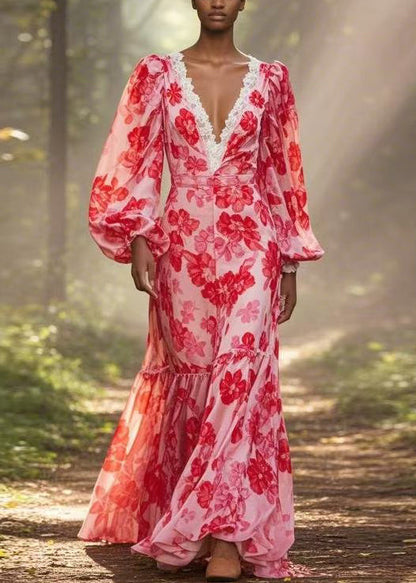 Red V Neck Print Ruffled Chiffon Long Dress Spring