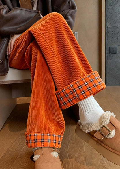 Yellow Pockets Patchwork Corduroy Wide Leg Pants Fall