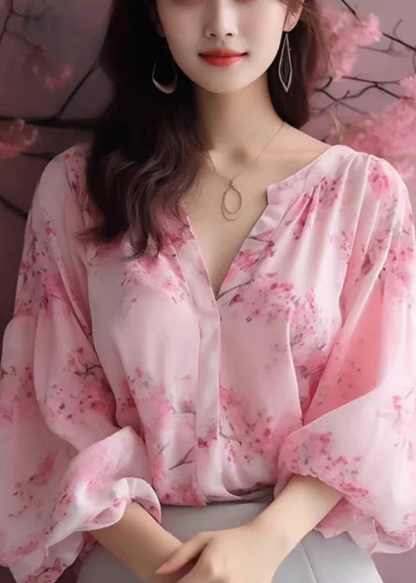 Pink V Neck Print Chiffon Blouses Bracelet Sleeve