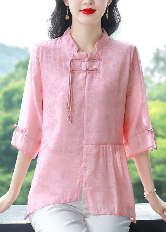Blue Stand Collar Tasseled Patchwork Linen Shirt Summer