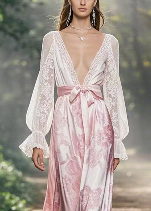 White V Neck Lace Up Silk Long Dress Flare Sleeve