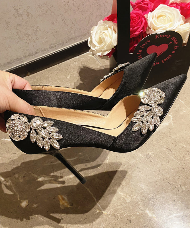 Splicing Stiletto High Heels Pointed Toe Black Satin Zircon
