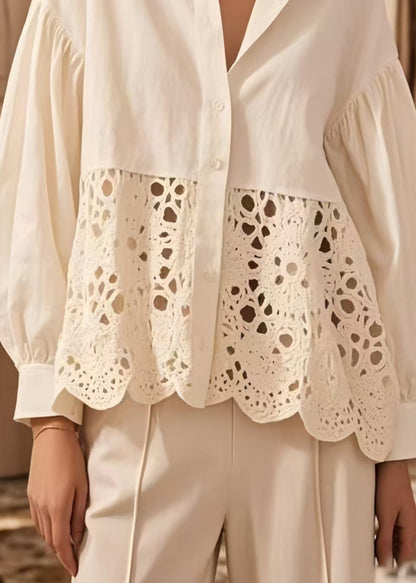 Fitted White Hollow Out Patchwork Cotton Shirts Spring