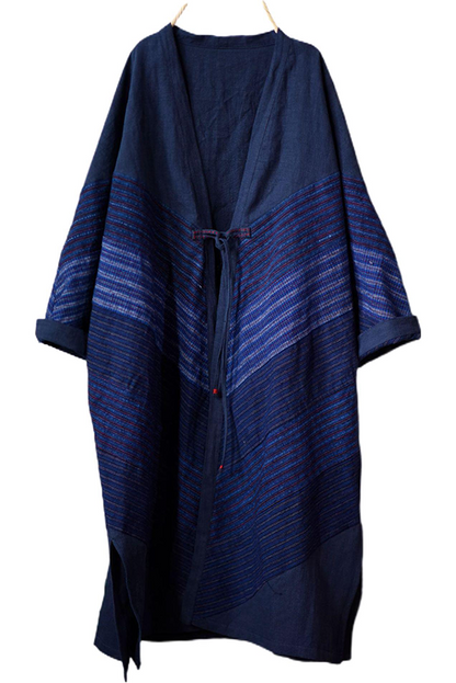 Blue Retro Striped Cotton Trench Coat