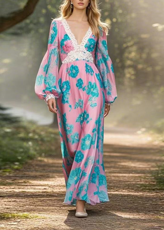 Pink V Neck Print Lace Patchwork Chiffon Dresses Lantern Sleeve