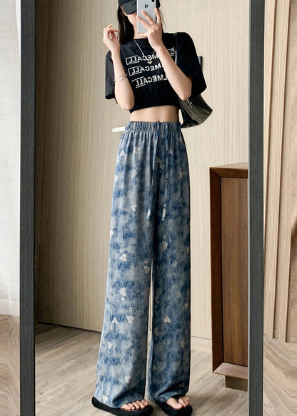 Blue Elastic Waist Tie Dye Silk Straight Pants Spring