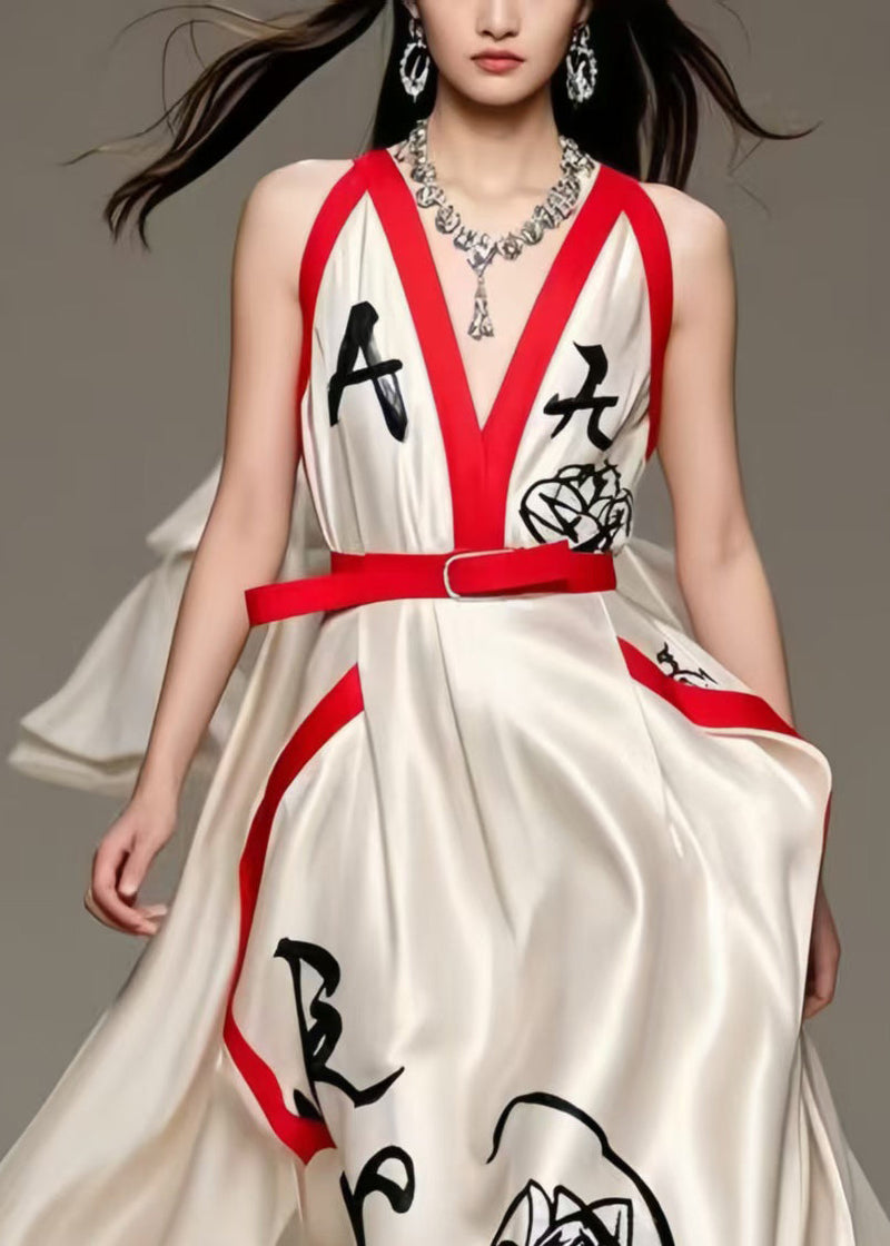 Milk White Asymmetrical Print Silk Holiday Dress Summer