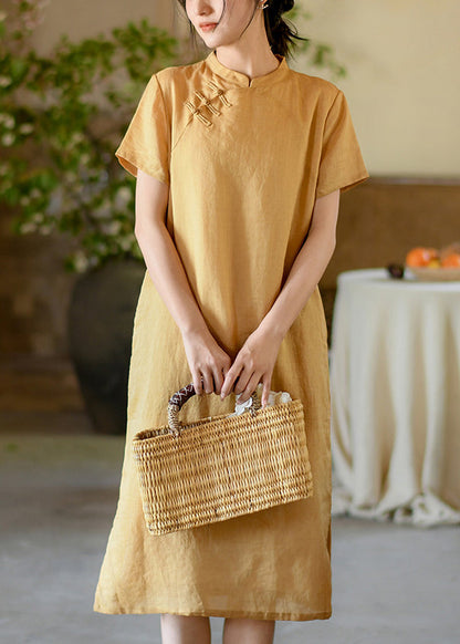 Yellow Oriental Button Linen Dresses Summer