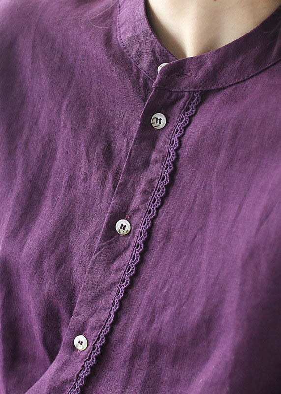Purple Stand Collar Lace Patchwork Linen Shirt Tops Long Sleeve