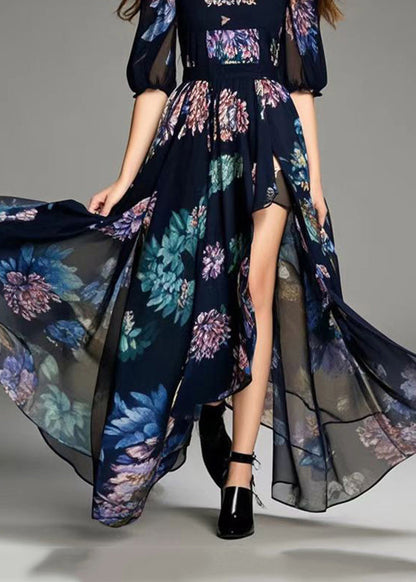Black Print Asymmetrical Design Chiffon Dress Summer