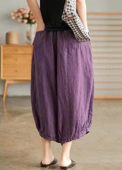 Purple Pockets Elastic Waist Linen Crop Pants Summer