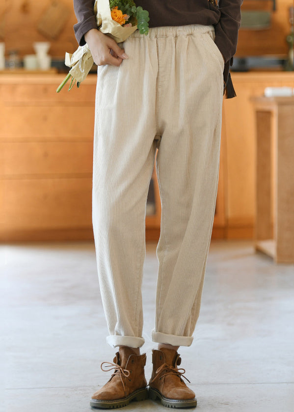 Beige Pockets Elastic Waist Corduroy Pants Spring