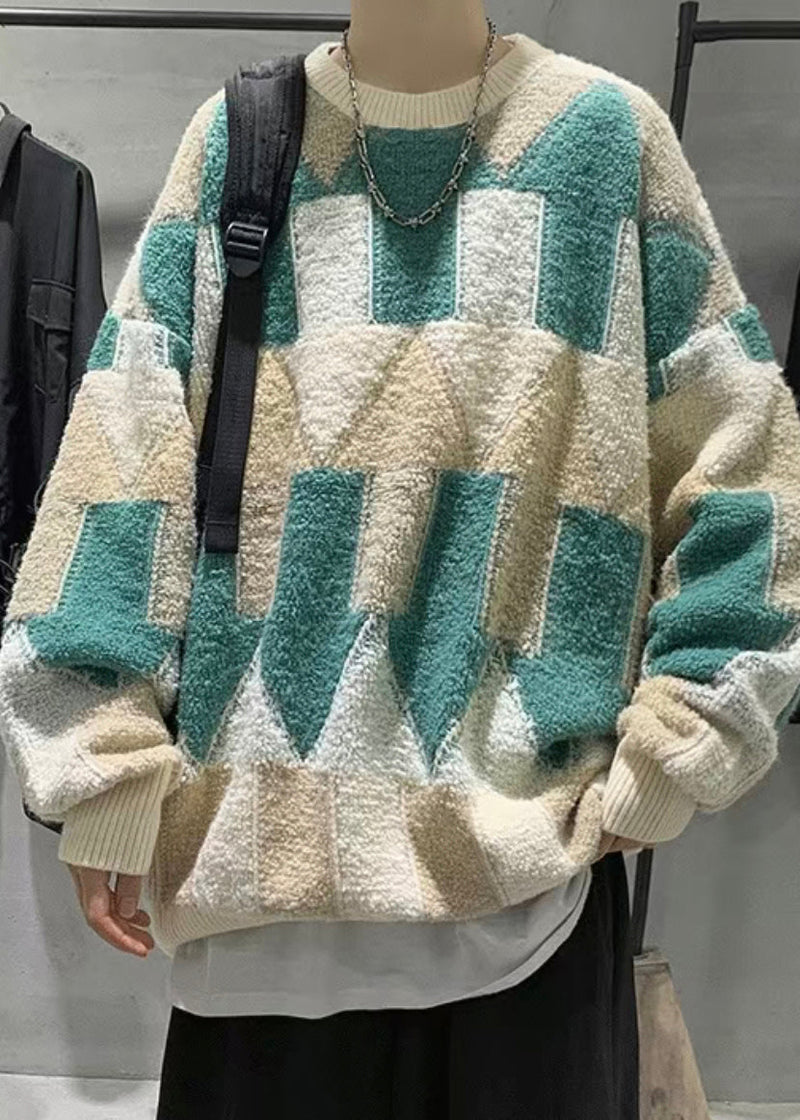 French Green O Neck Thick Cotton Knit Sweater Winter