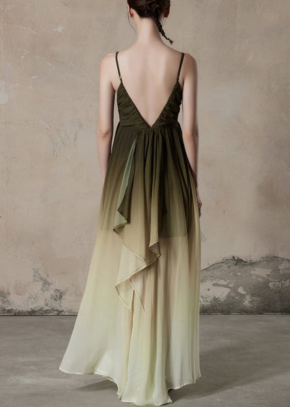 Gradient Color V Neck Wrinkled Chiffon Long Dress Sleeveless